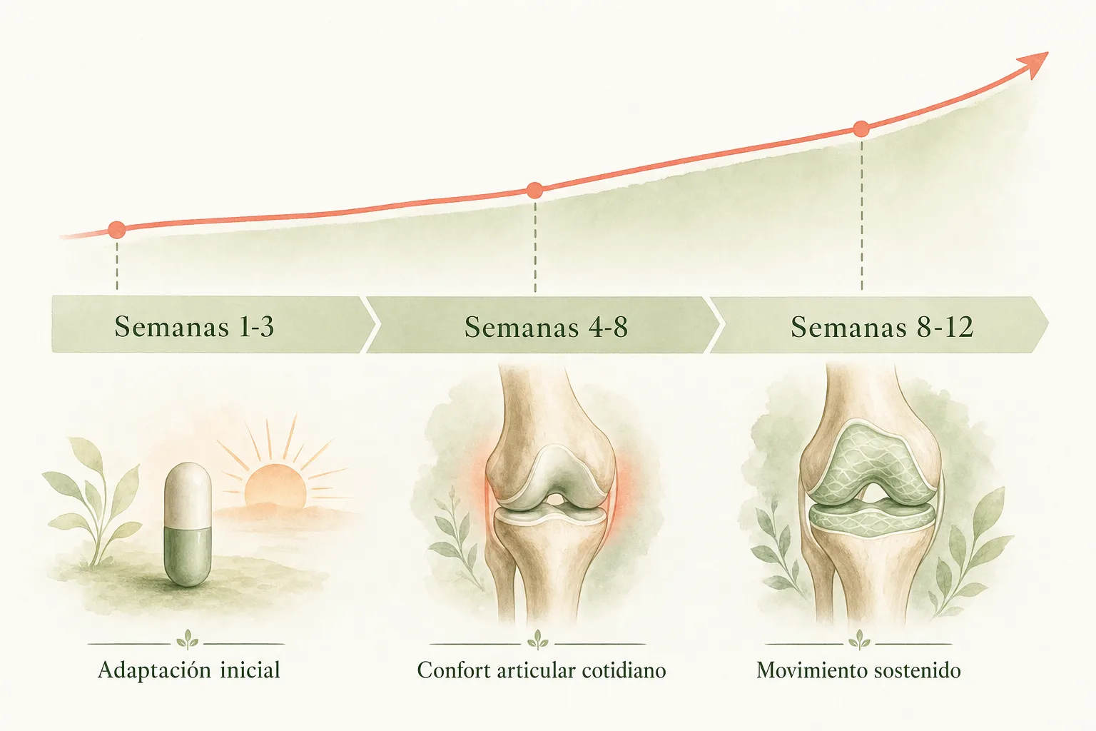 Curva de 12 semanas con el ciclo de Arthrox PLUS mostrando tres fases: adaptación inicial, confort articular cotidiano y movimiento sostenido