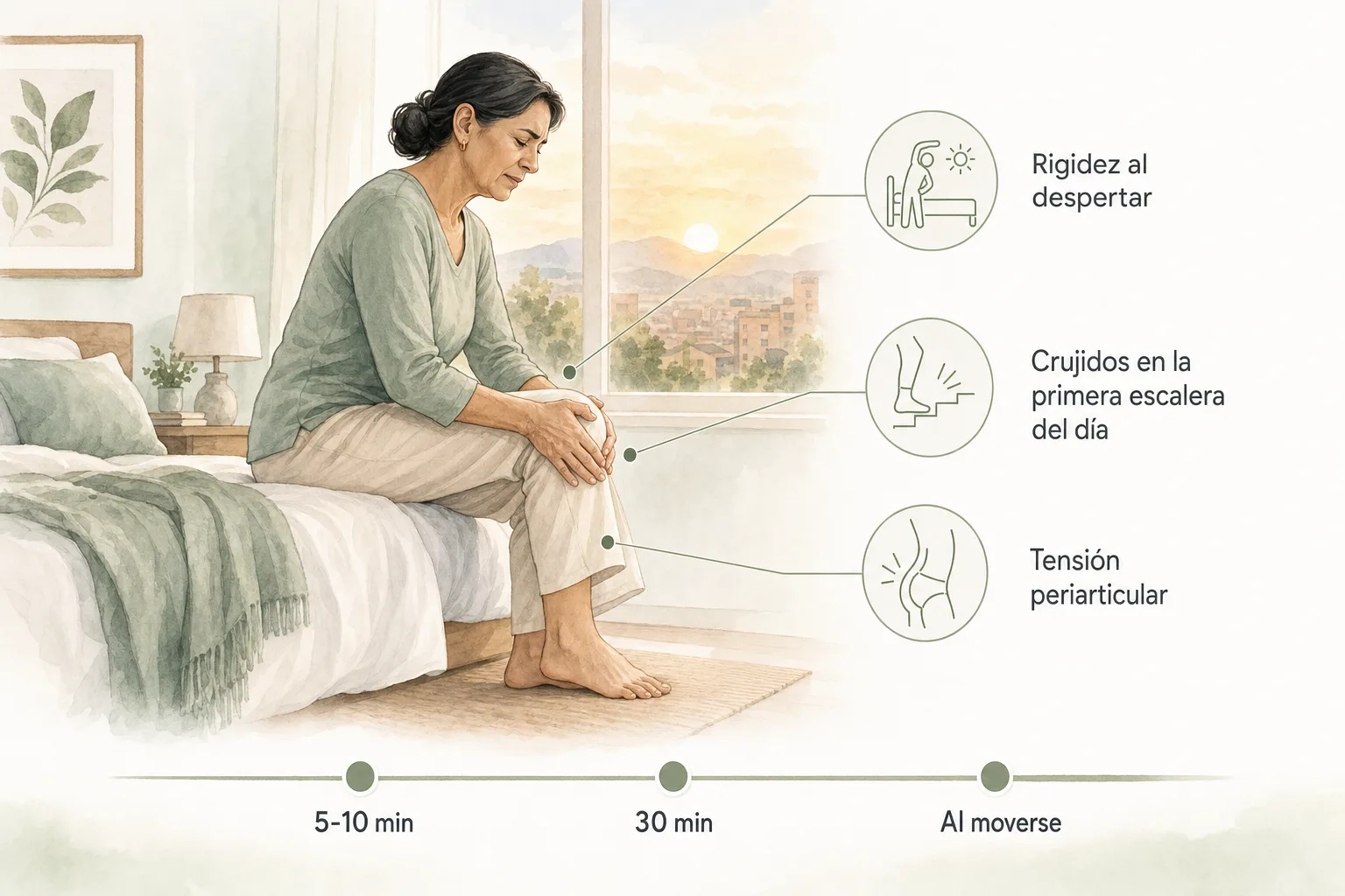 Adulta colombiana de 50 años estirando con cuidado la rodilla al amanecer, con tres etiquetas señalando los síntomas matutinos de rigidez, crujidos y tensión periarticular