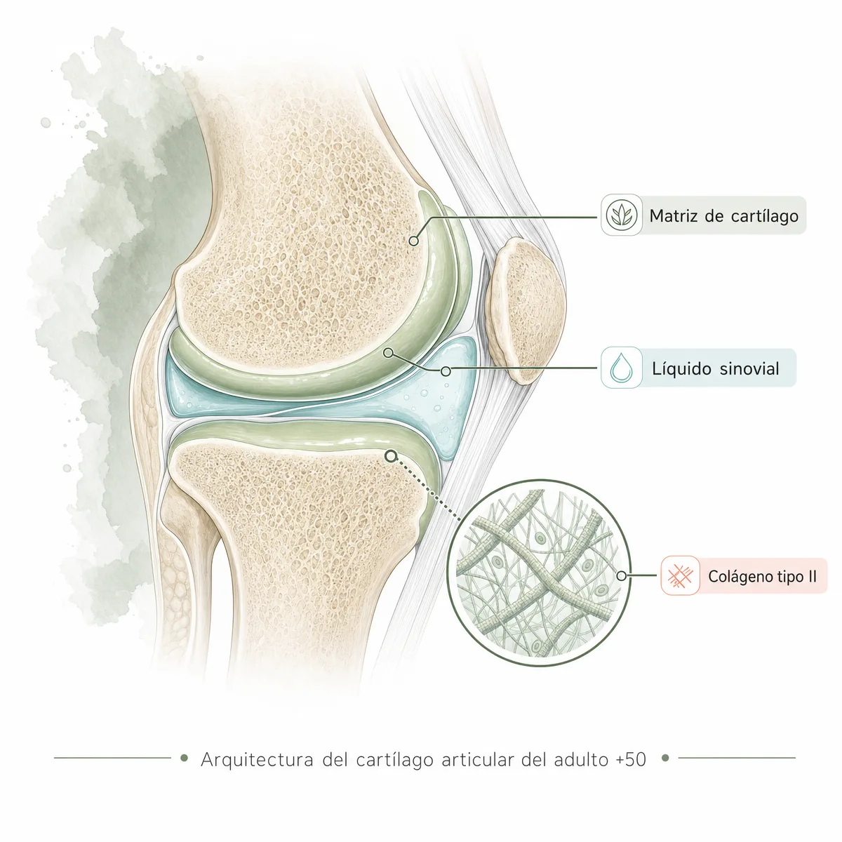 Cross-section anatómico de la rodilla del adulto +50 mostrando la matriz de cartílago, el líquido sinovial y la malla de colágeno tipo II
