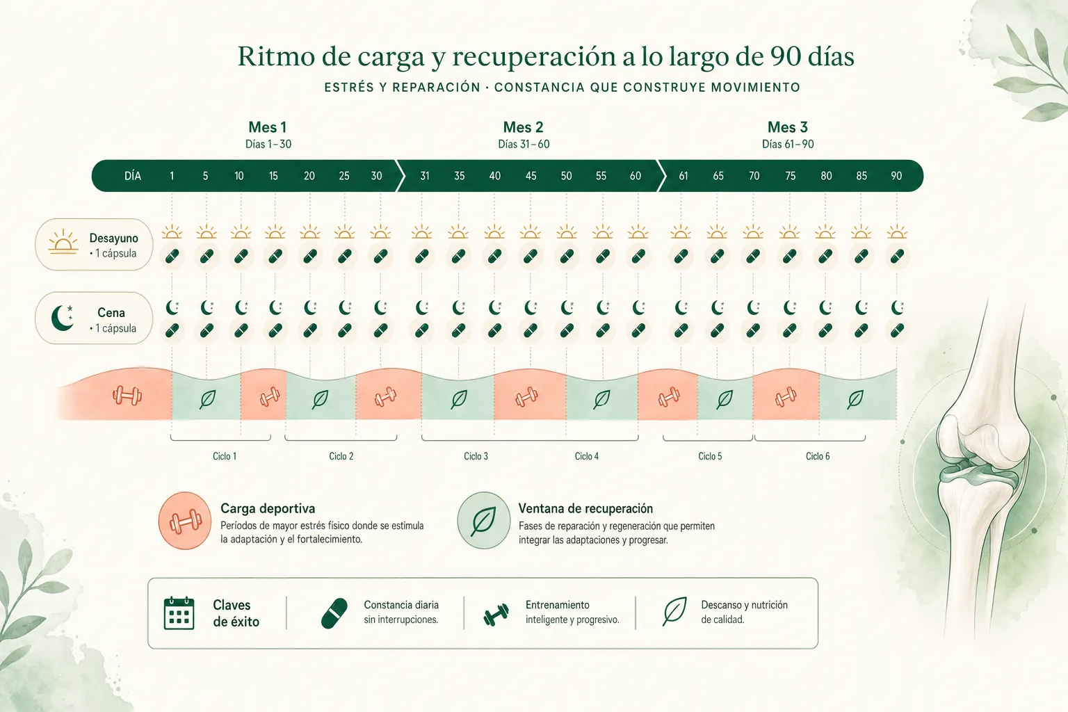 Línea de tiempo de 90 días con la rutina de Artiflex mostrando ventanas de carga deportiva y de recuperación del tejido conectivo