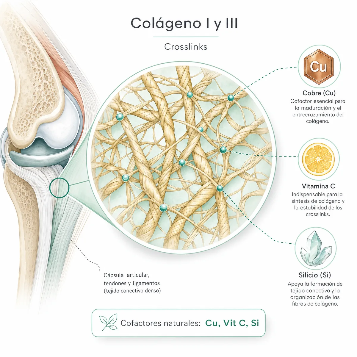 Diagrama de la malla de colágeno del tejido conectivo periarticular mostrando los crosslinks y cómo los cofactores nutricionales acompañan su formación