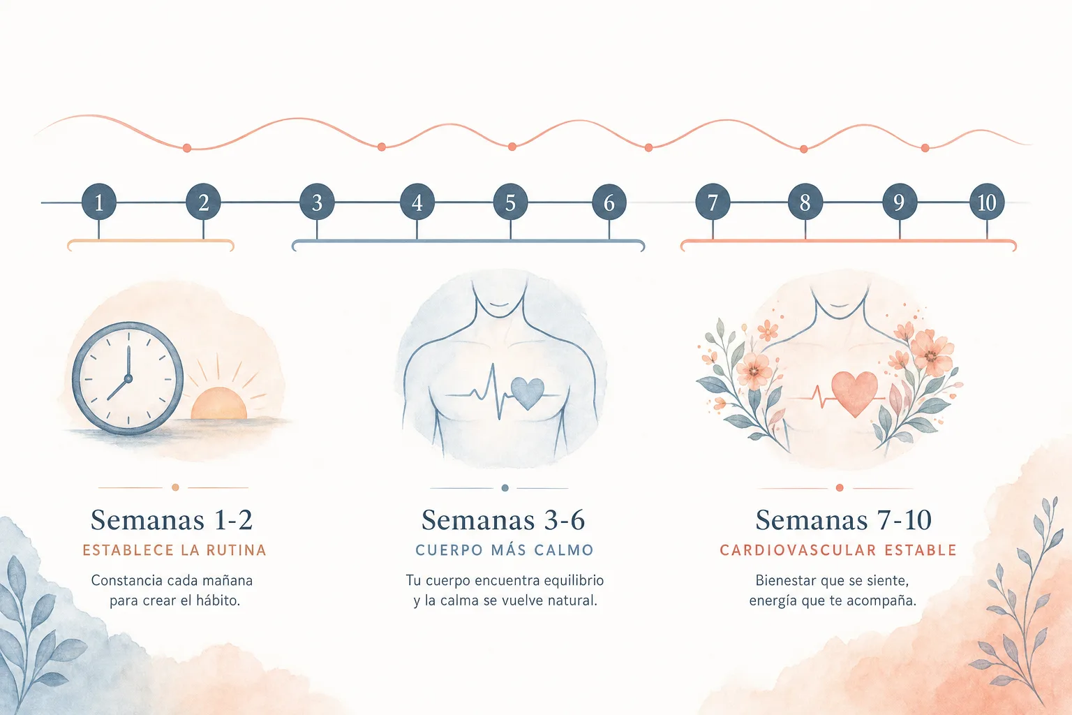 Línea de tiempo de 10 semanas con el ciclo de BioCardio mostrando tres fases: establecer rutina, cuerpo más calmo y cardiovascular estable
