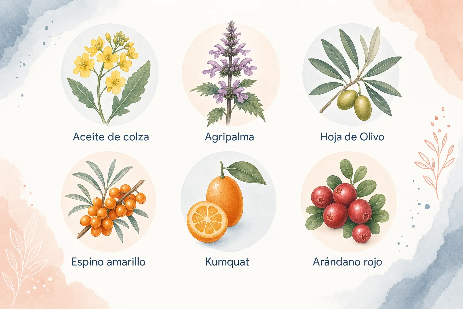 Los 6 botánicos cardiovasculares de BioCardio: aceite de colza, agripalma, hoja de olivo, espino amarillo, kumquat y arándano rojo americano