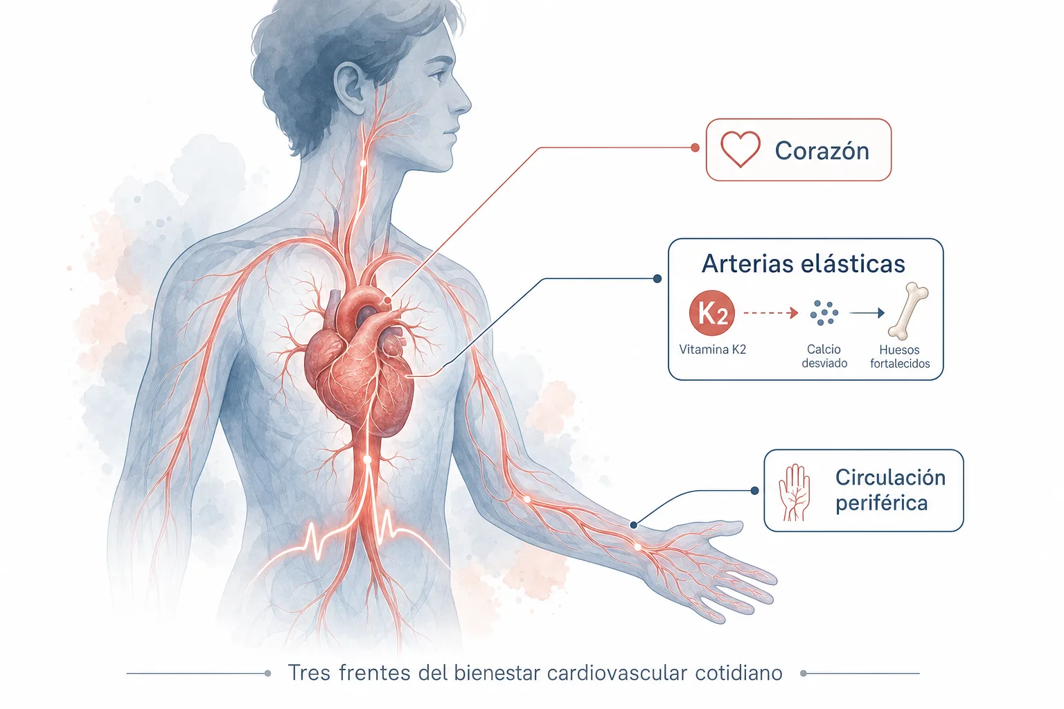 Diagrama anatómico de la silueta humana mostrando los tres frentes cardiovasculares: corazón, arterias elásticas y circulación periférica, con los cofactores de BioCardio actuando sobre cada uno