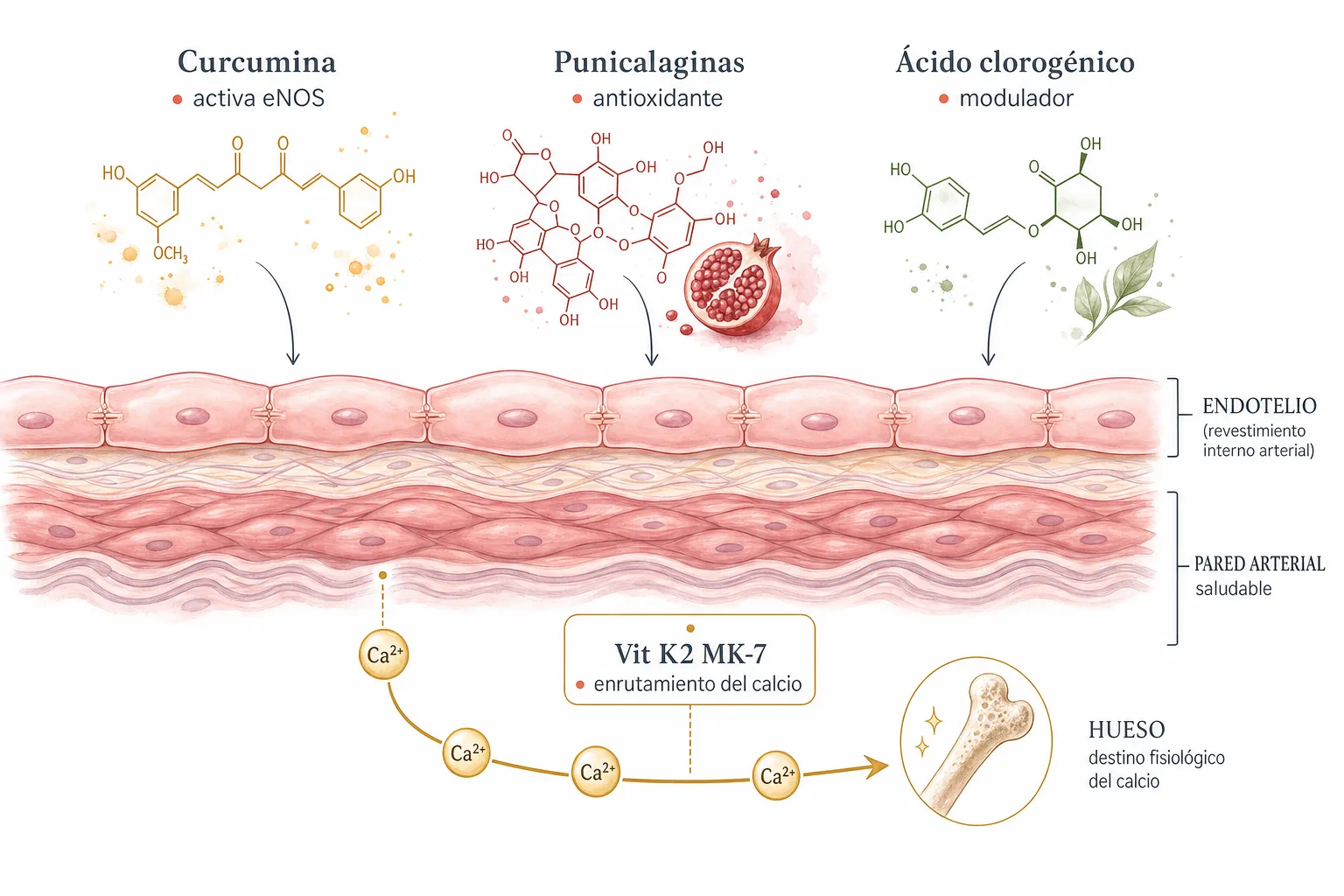 Diagrama de la pared arterial mostrando la capa endotelial con los cofactores de Cardiolife actuando sobre la función endotelial y el enrutamiento del calcio fuera del tejido vascular