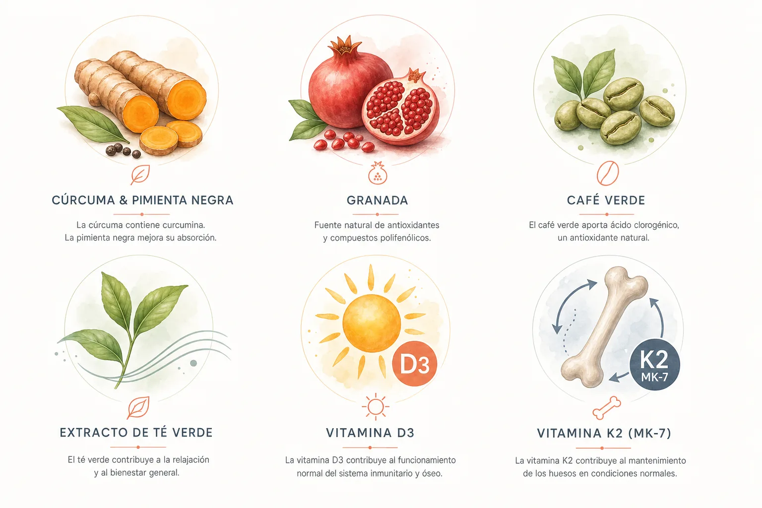 Los 6 cofactores cardiovasculares de Cardiolife: cúrcuma con piperina, granada, café verde, L-teanina, vitamina D3 y vitamina K2 MK-7