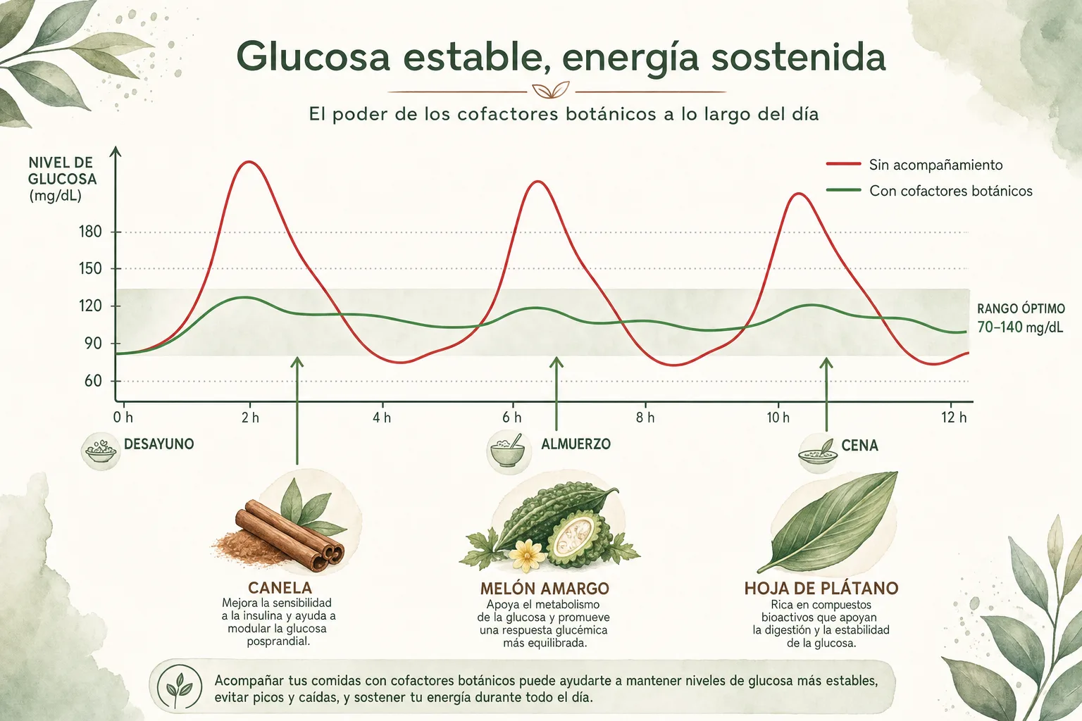 Curva de glucosa estable vs pico-caída con cofactores botánicos de DiaFlex Forte