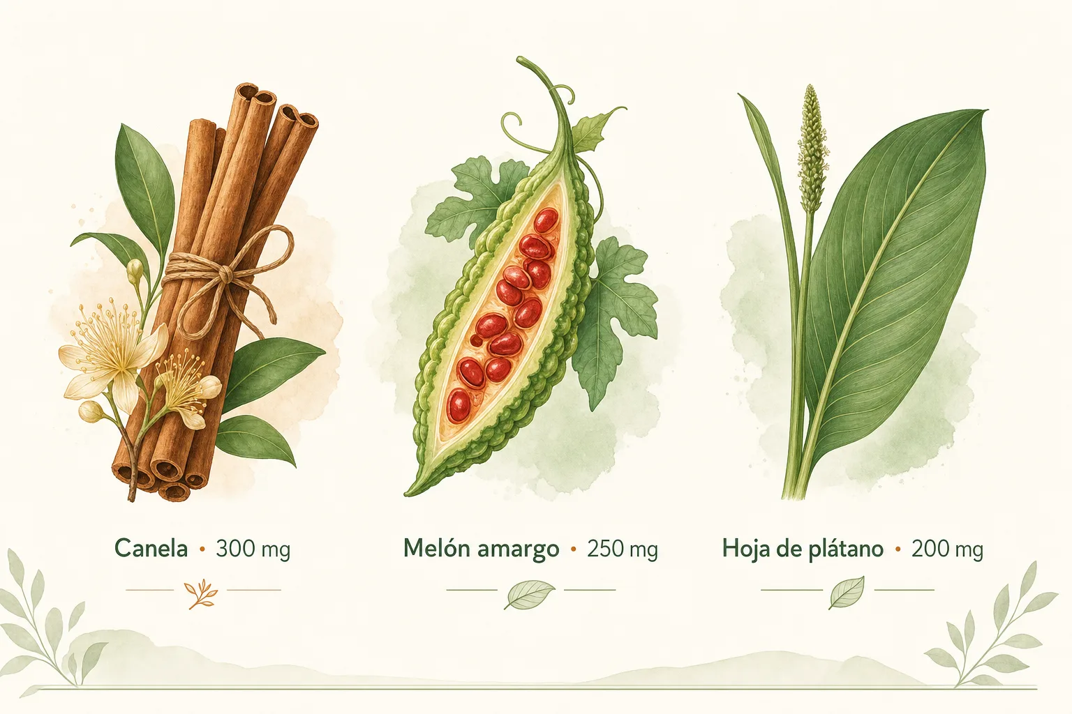 Los 3 botánicos cardinales de DiaFlex Forte: canela de Ceilán, melón amargo y hoja de plátano