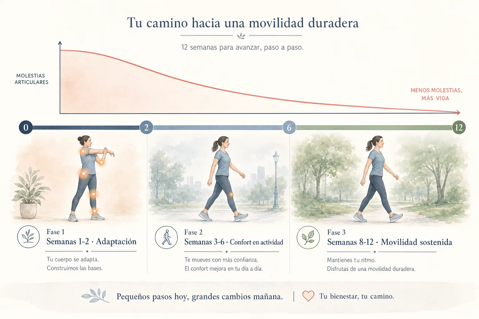 Línea de tiempo de 12 semanas del curso de Flexogen mostrando tres fases: adaptación, confort en actividad y movilidad sostenida