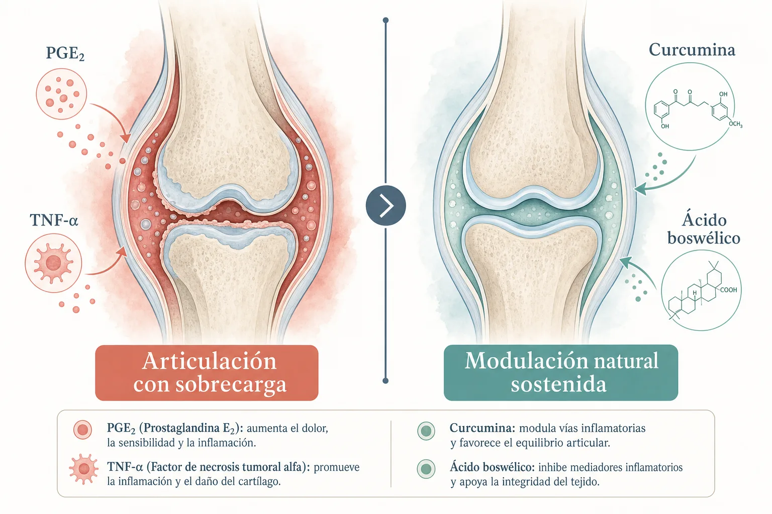 Diagrama comparativo de una articulación con sobrecarga vs una articulación con modulación natural sostenida, mostrando el efecto de los cofactores de Flexogen