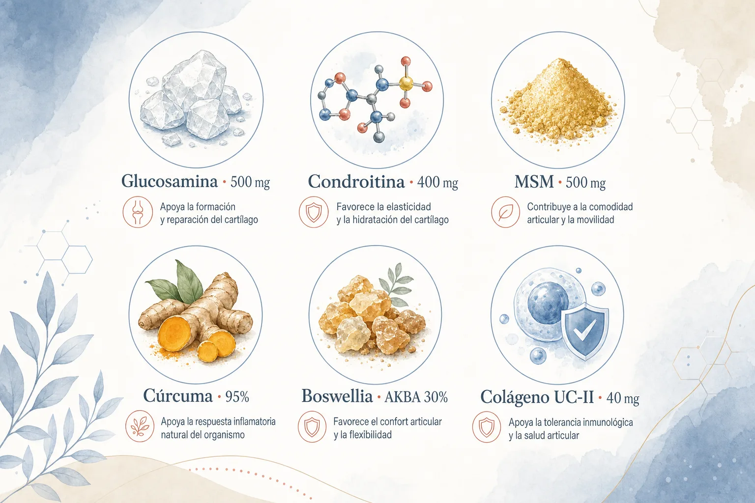 Los 6 activos articulares de Flexogen con dosis declaradas: glucosamina, condroitina, MSM, cúrcuma, boswellia y colágeno UC-II