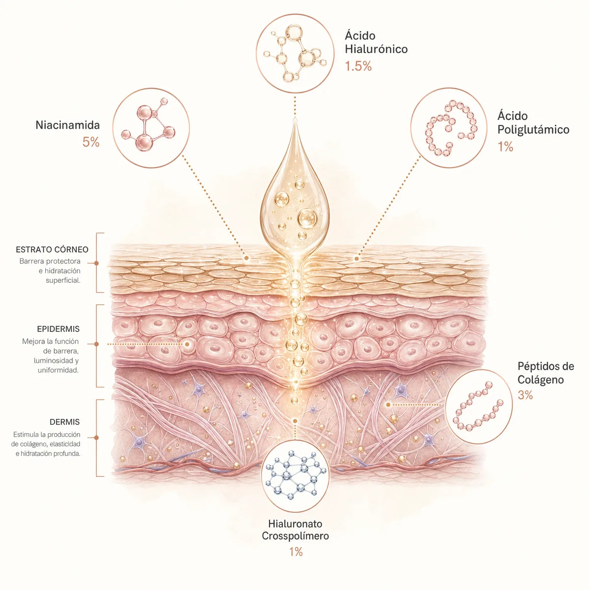 Cómo los 6 activos dermatológicos de Glowy Care actúan sobre las tres capas de la piel facial: estrato córneo, epidermis y dermis