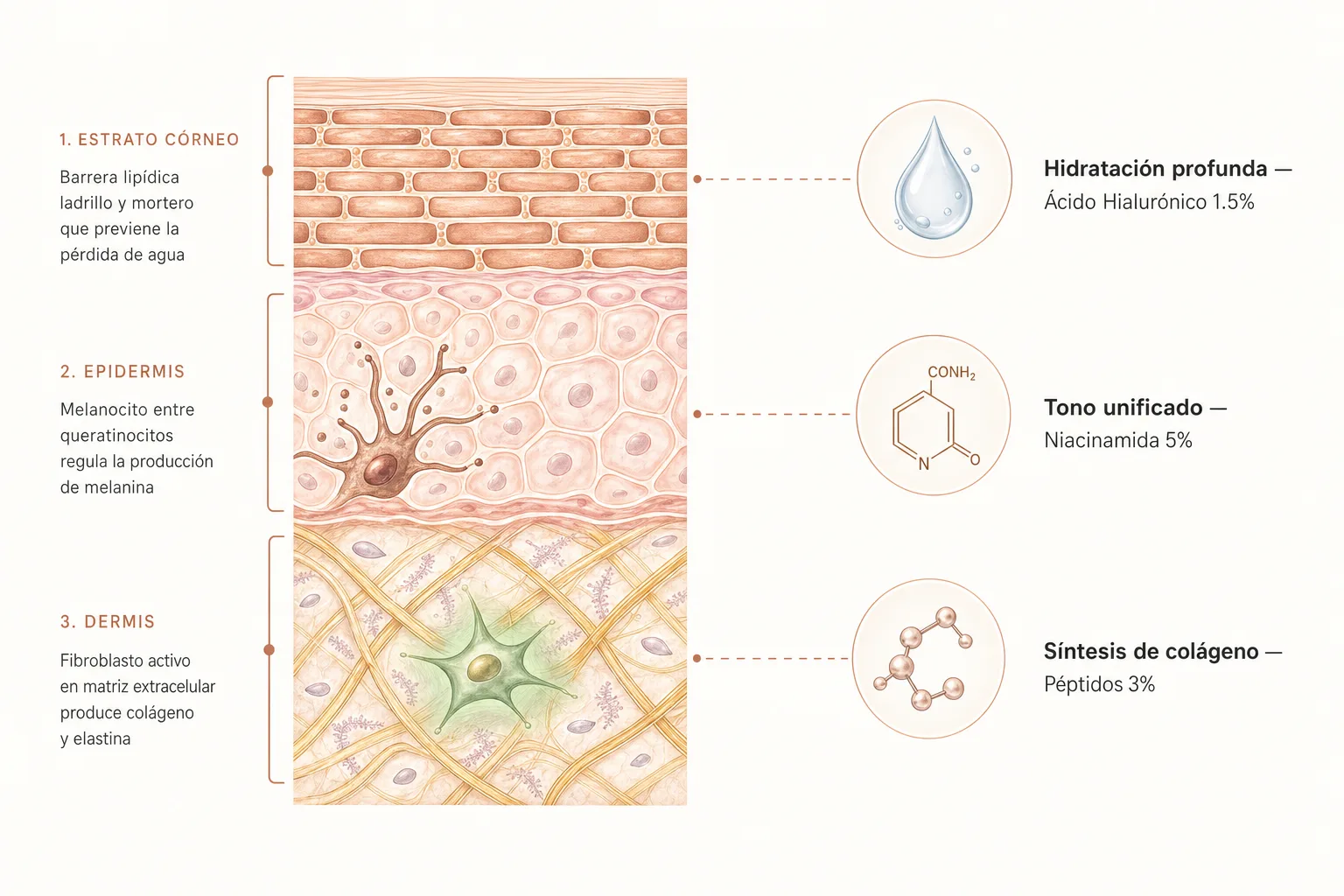 Cross-section de la piel mostrando la arquitectura del estrato córneo, epidermis y dermis con los activos de Glowy Care actuando sobre cada capa