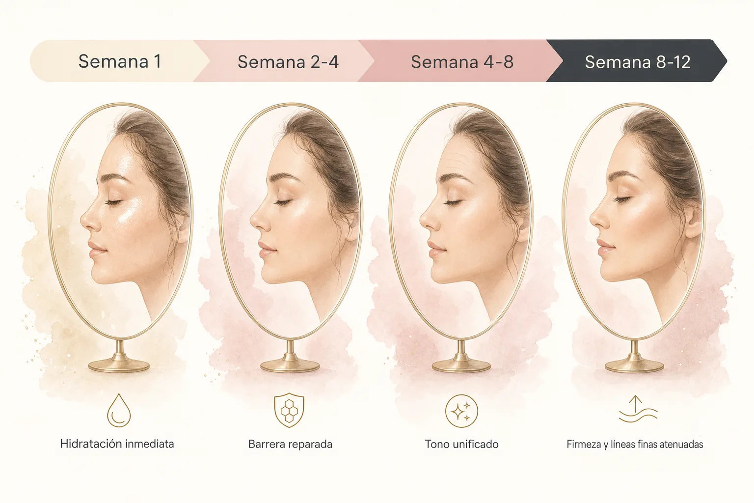 Línea de tiempo de 12 semanas con la rutina de Glowy Care: efecto luminoso inmediato, tono parejo a 4 semanas, líneas finas atenuadas a 8-12 semanas