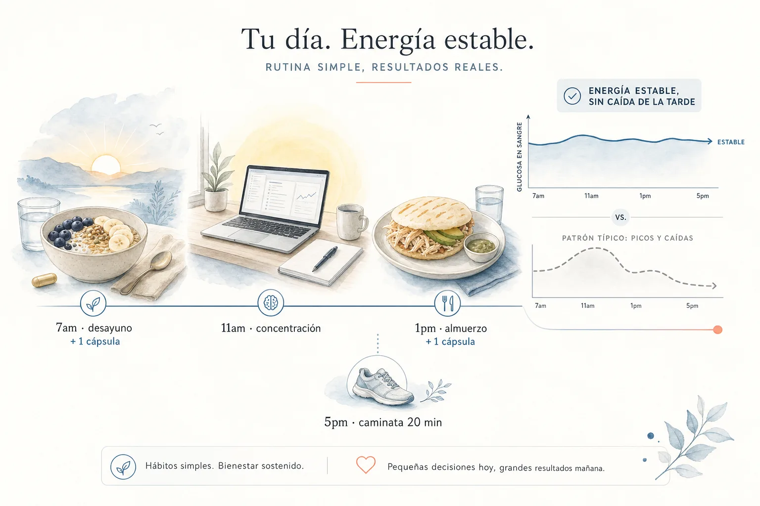 Línea de tiempo de un día laboral del adulto colombiano con los momentos de toma de Gluconat y la curva de energía estable comparada con el pico-caída típico