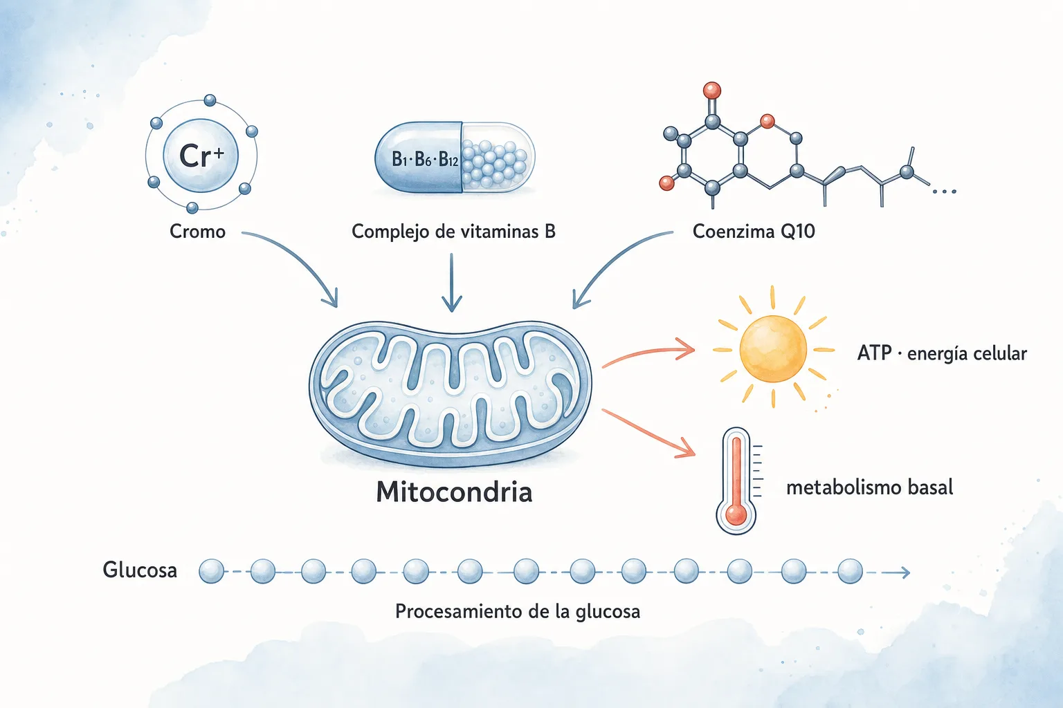 Diagrama de la mitocondria celular con los cofactores de Gluconat (cromo, complejo B, coenzima Q10) actuando sobre la producción de ATP y el metabolismo basal