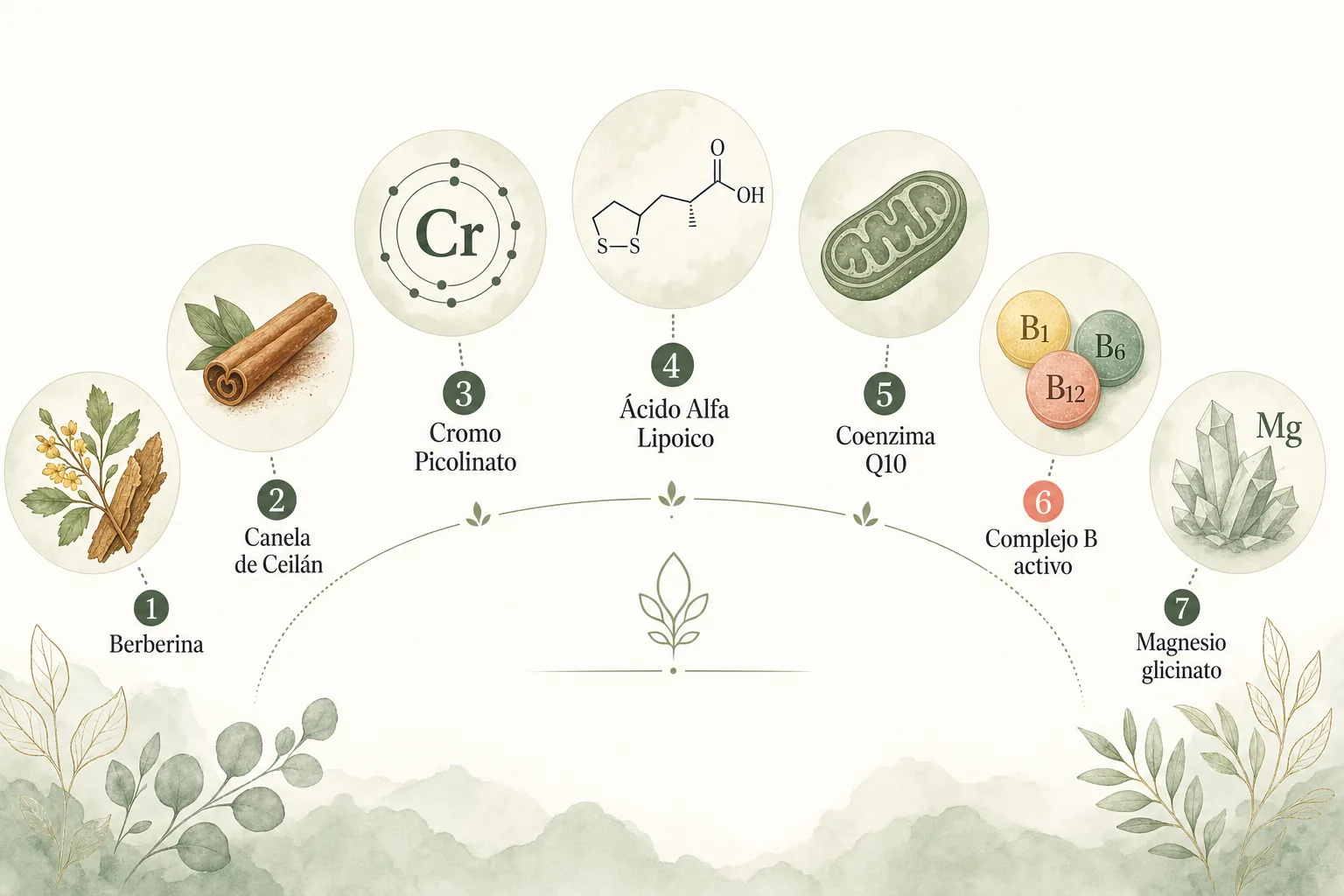 Siete cofactores metabólicos de Gluconat: berberina, canela de Ceilán, cromo, ácido alfa lipoico, coenzima Q10, complejo B activo y magnesio glicinato