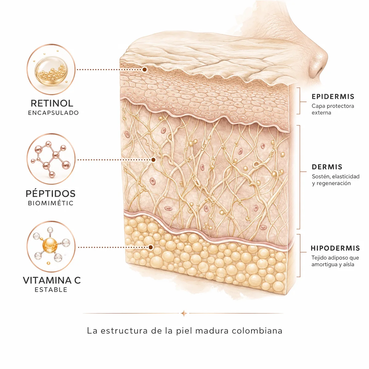 Cross-section de piel madura colombiana mostrando epidermis, dermis con malla de colágeno y elastina, y los activos de LUMIN actuando sobre cada capa