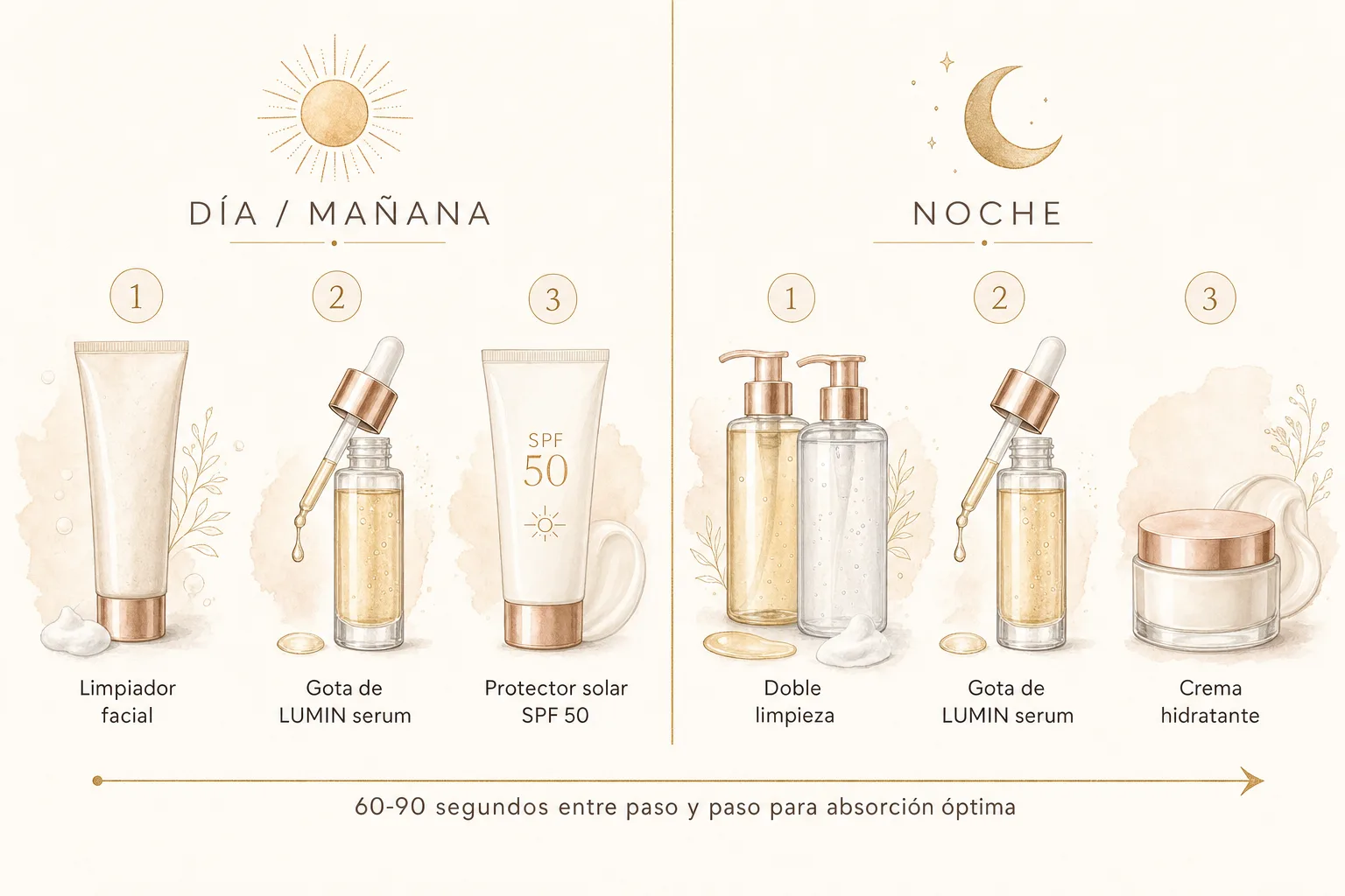 Rutina diaria y nocturna con LUMIN: tres pasos en la mañana (limpieza, sérum, SPF 50) y tres pasos en la noche (doble limpieza, sérum, crema)