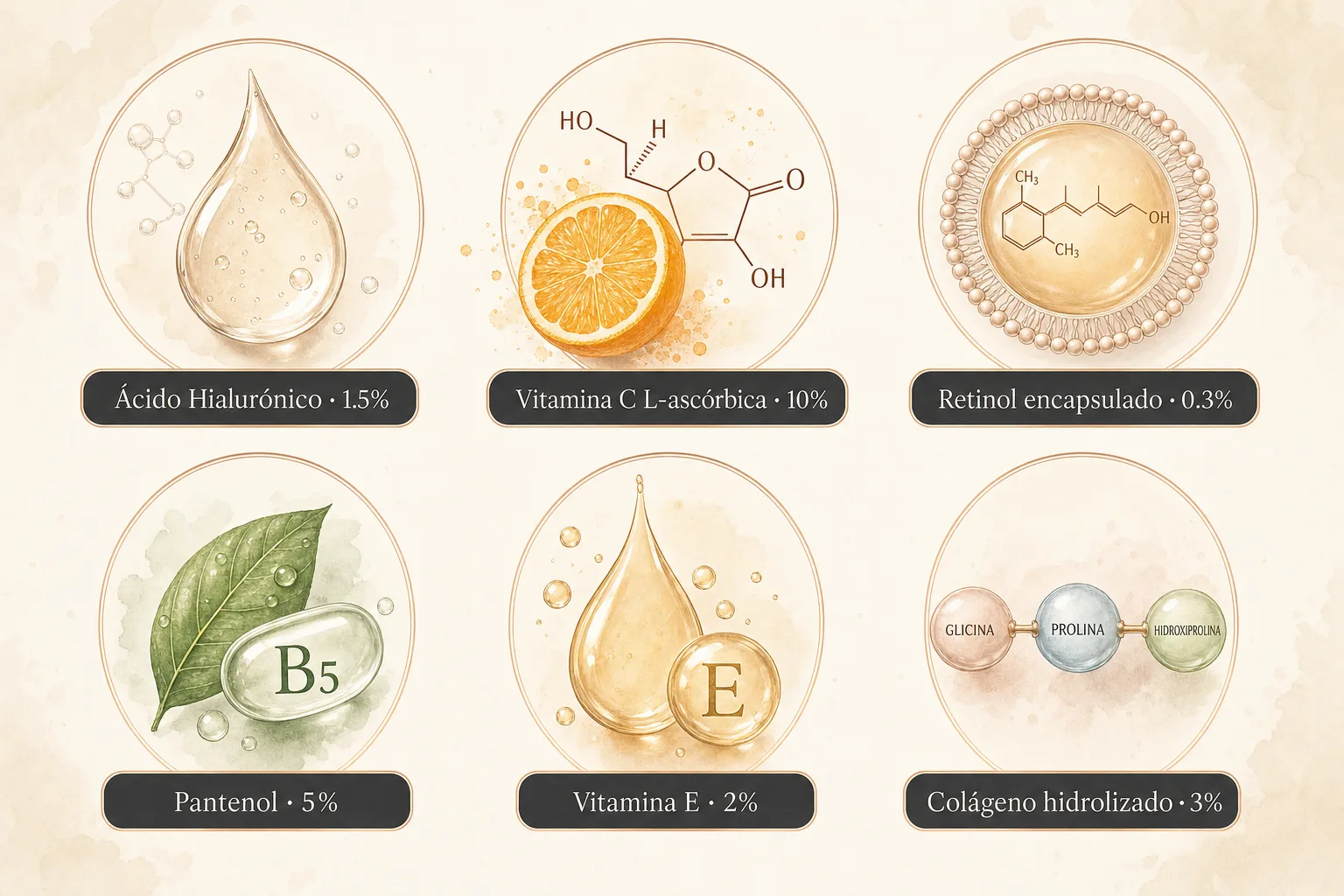 Los 6 activos dermocosméticos de LUMIN con sus dosis declaradas: ácido hialurónico, vitamina C, retinol encapsulado, pantenol, vitamina E y colágeno hidrolizado