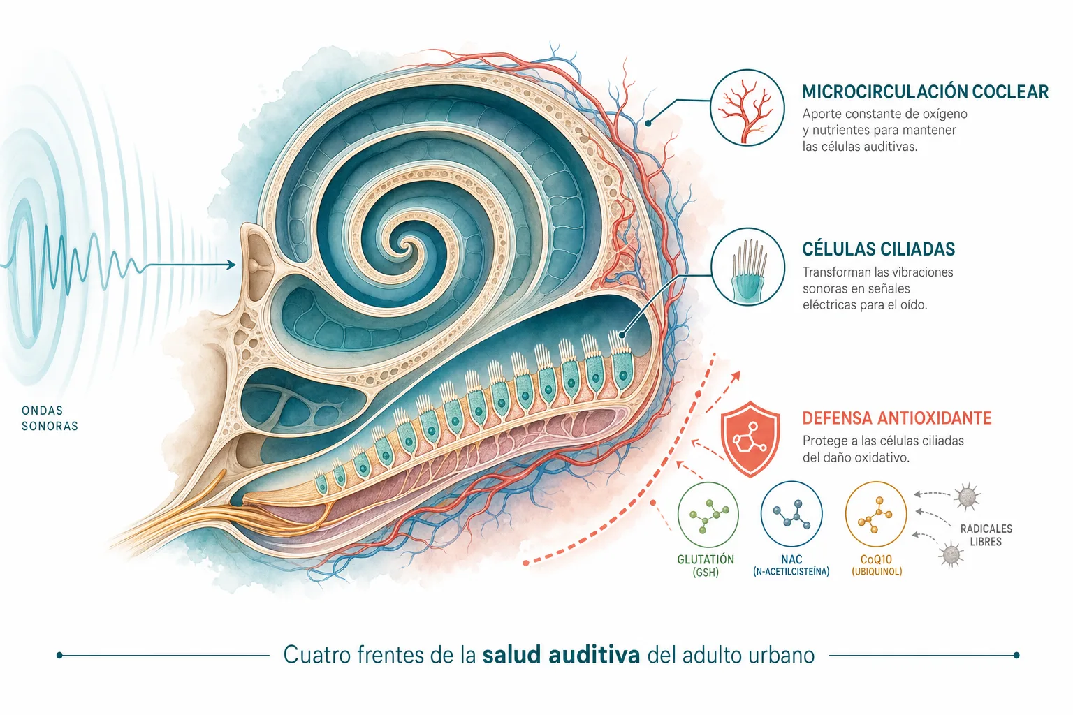 Diagrama anatómico de la cóclea con los cuatro frentes del bienestar auditivo: microcirculación, células ciliadas, defensa antioxidante y conducción nerviosa