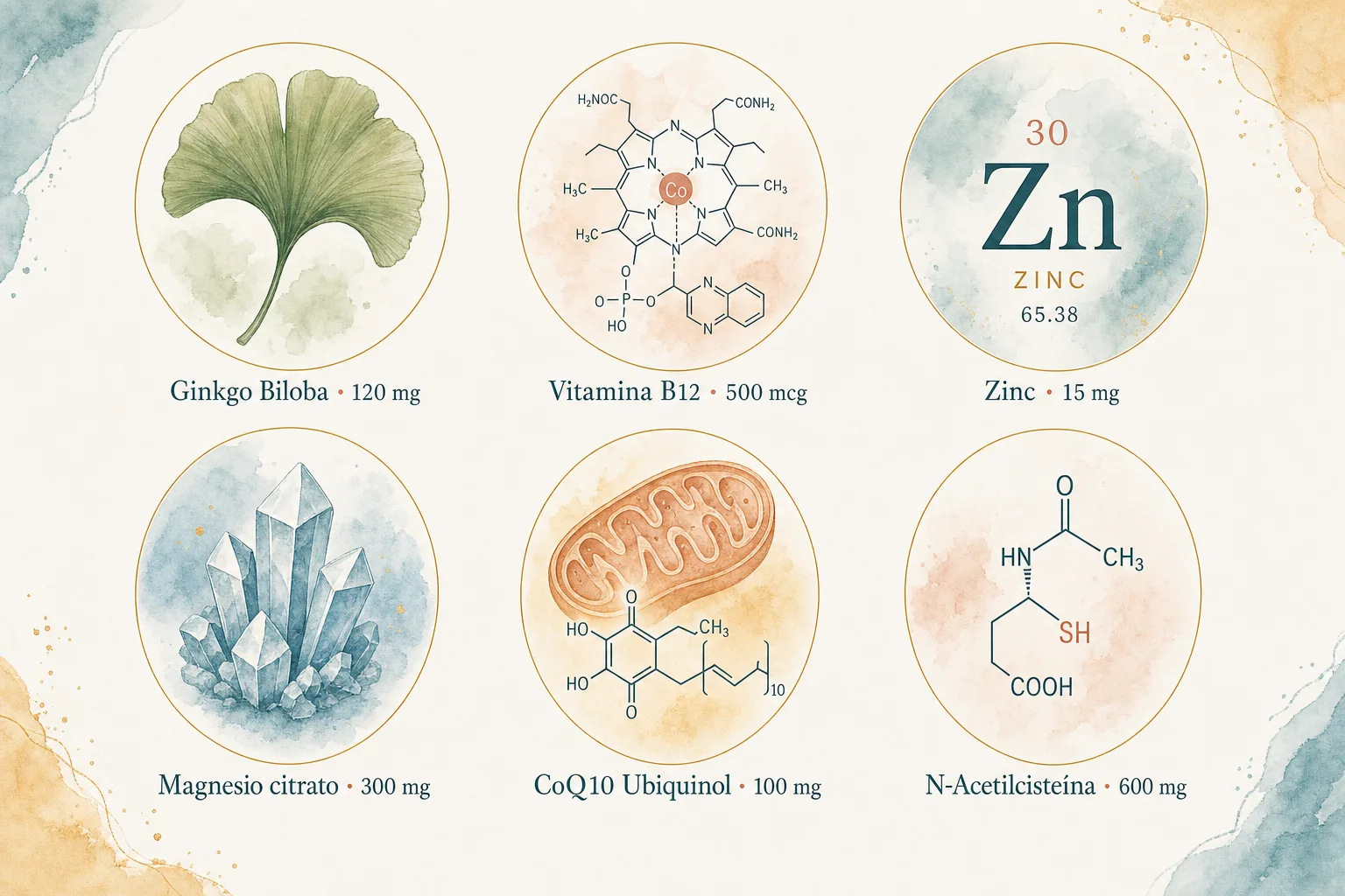 Los 6 cofactores auditivos de Otomax: Ginkgo Biloba EGb 761, vitamina B12, zinc, magnesio citrato, coenzima Q10 Ubiquinol y N-Acetilcisteína