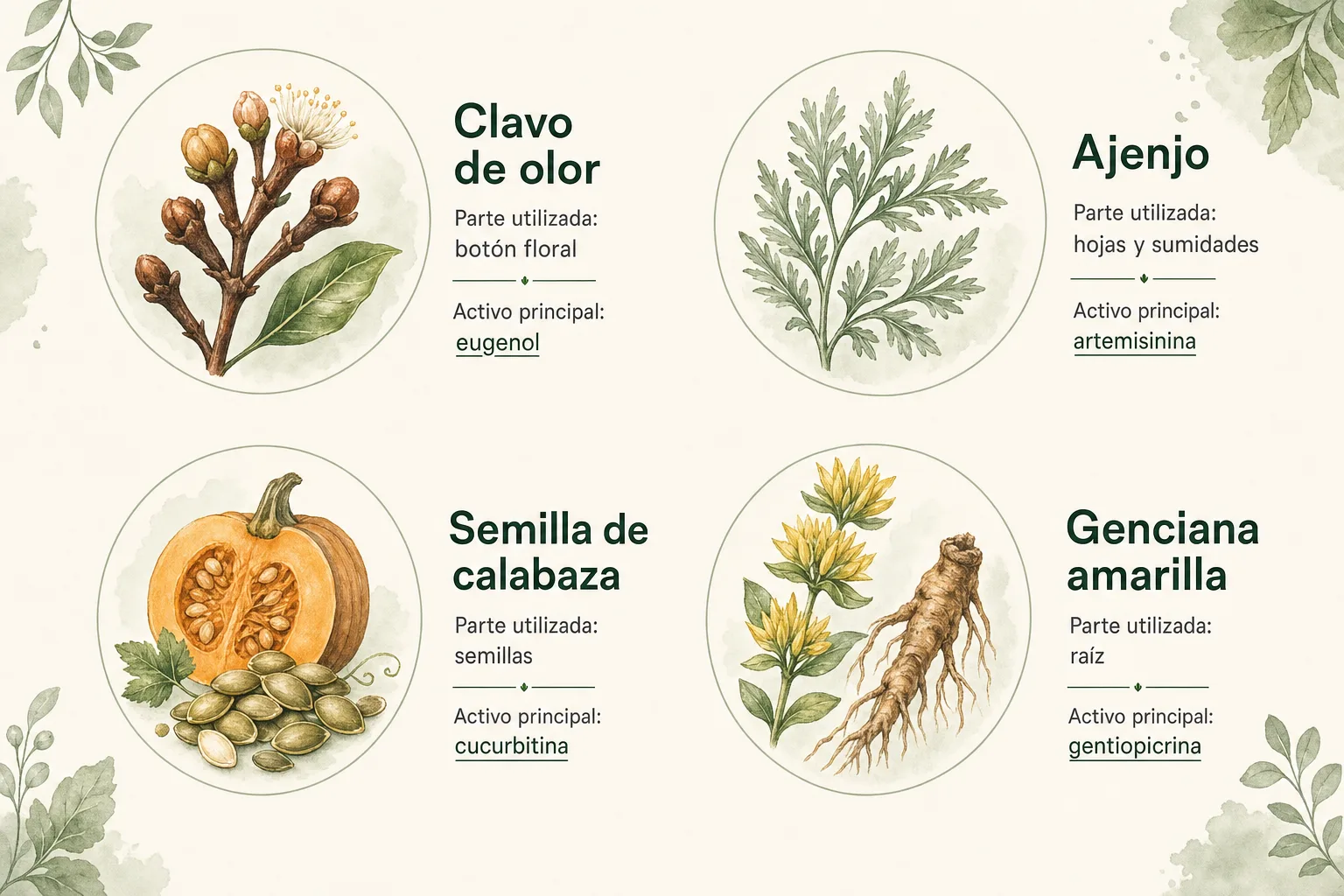 Cuatro botánicos digestivos tradicionales colombianos: clavo de olor, ajenjo, semilla de calabaza y un botánico amargo, con sus principios activos representativos