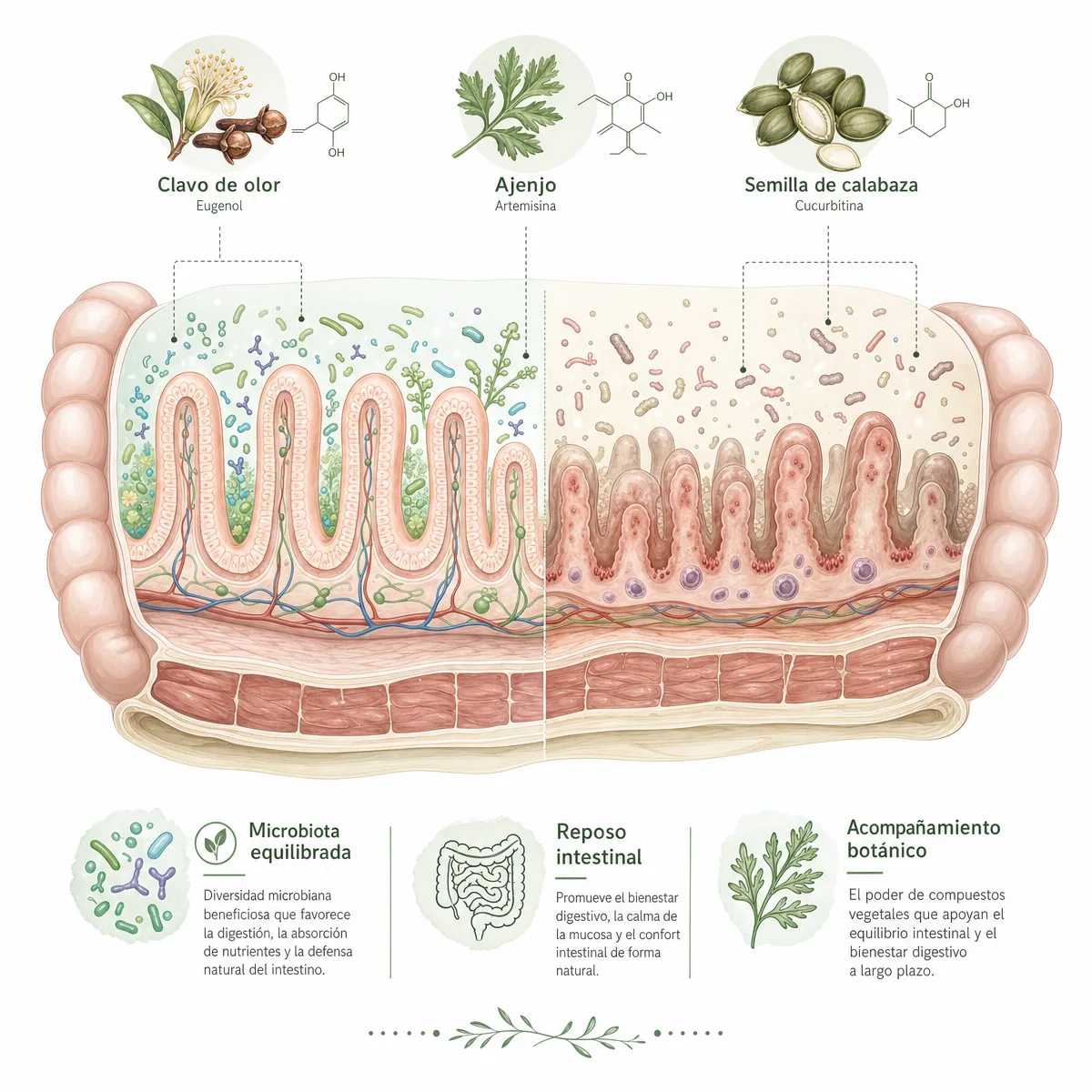 Diagrama del intestino humano mostrando la microbiota en equilibrio y cómo los botánicos tradicionales acompañan el reposo intestinal del adulto colombiano