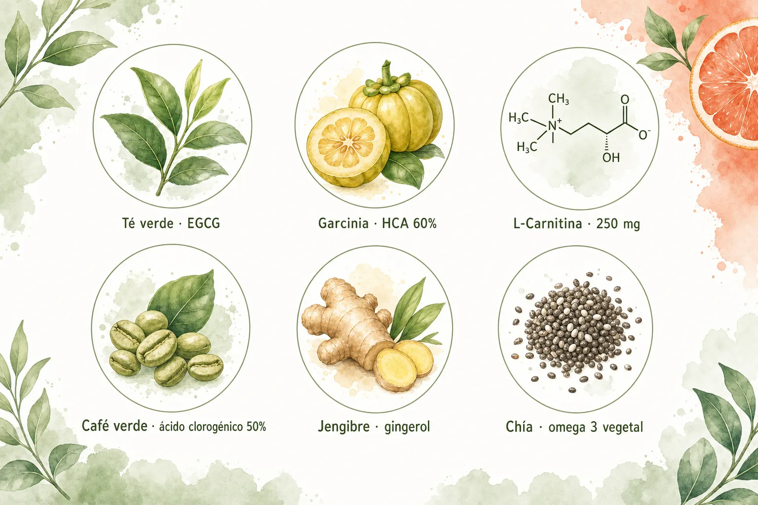 Los 6 cofactores naturales de Siluet X: té verde, garcinia cambogia, L-carnitina, café verde, jengibre y chía