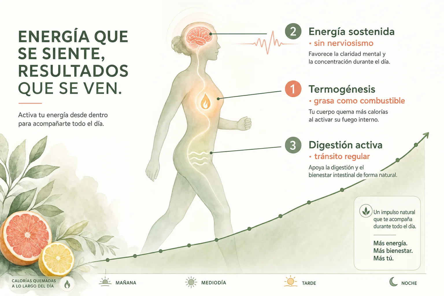 Silueta humana en perfil mostrando los tres frentes de Siluet X: termogénesis, energía sostenida y digestión activa