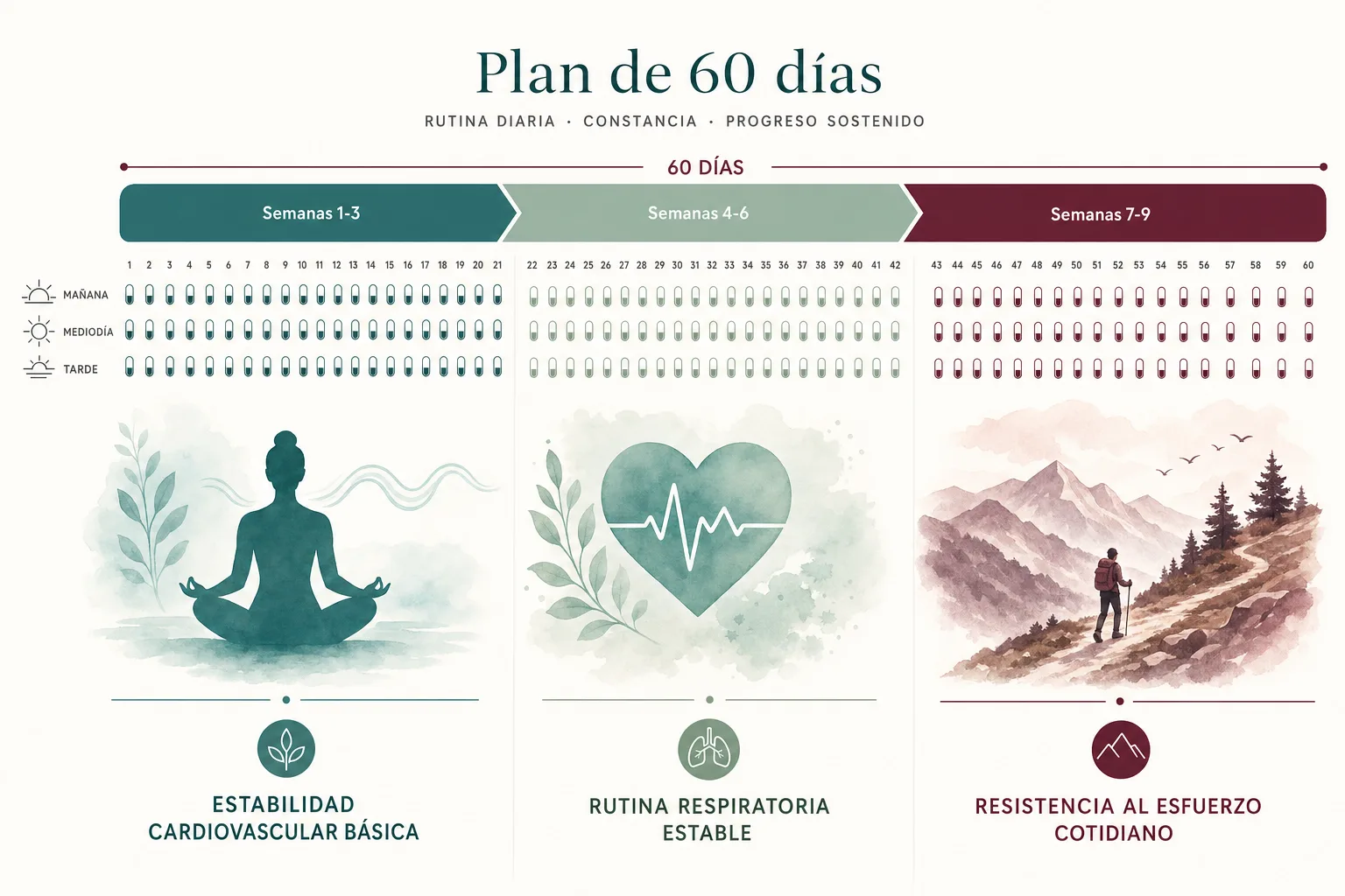 Línea de tiempo de 9 semanas del curso de Tensiplus con tres ventanas: estabilidad básica, rutina respiratoria estable, resistencia cardiovascular cotidiana