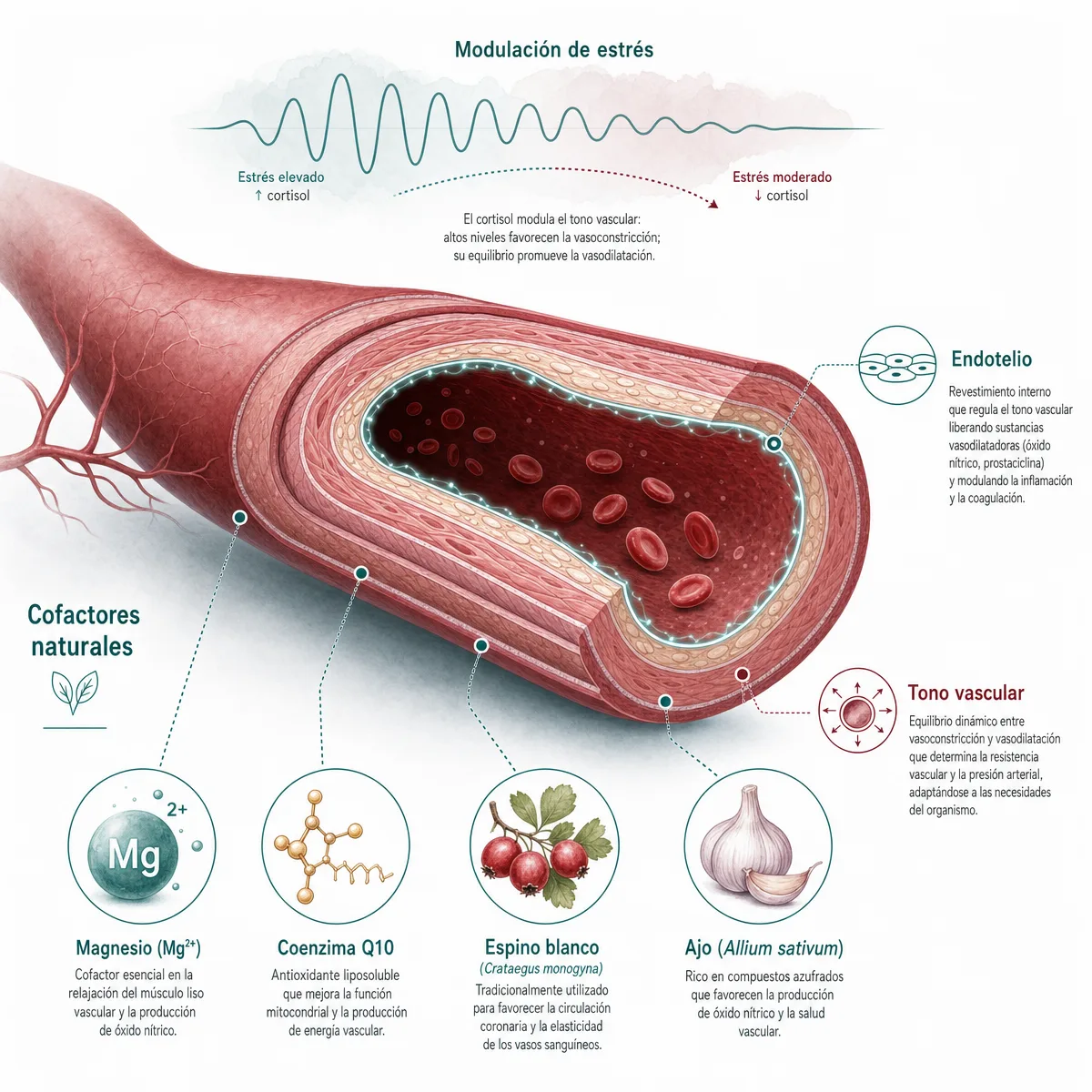Diagrama del endotelio vascular y la modulación del tono arterial con cofactores naturales: magnesio, coenzima Q10, ajo y espino blanco