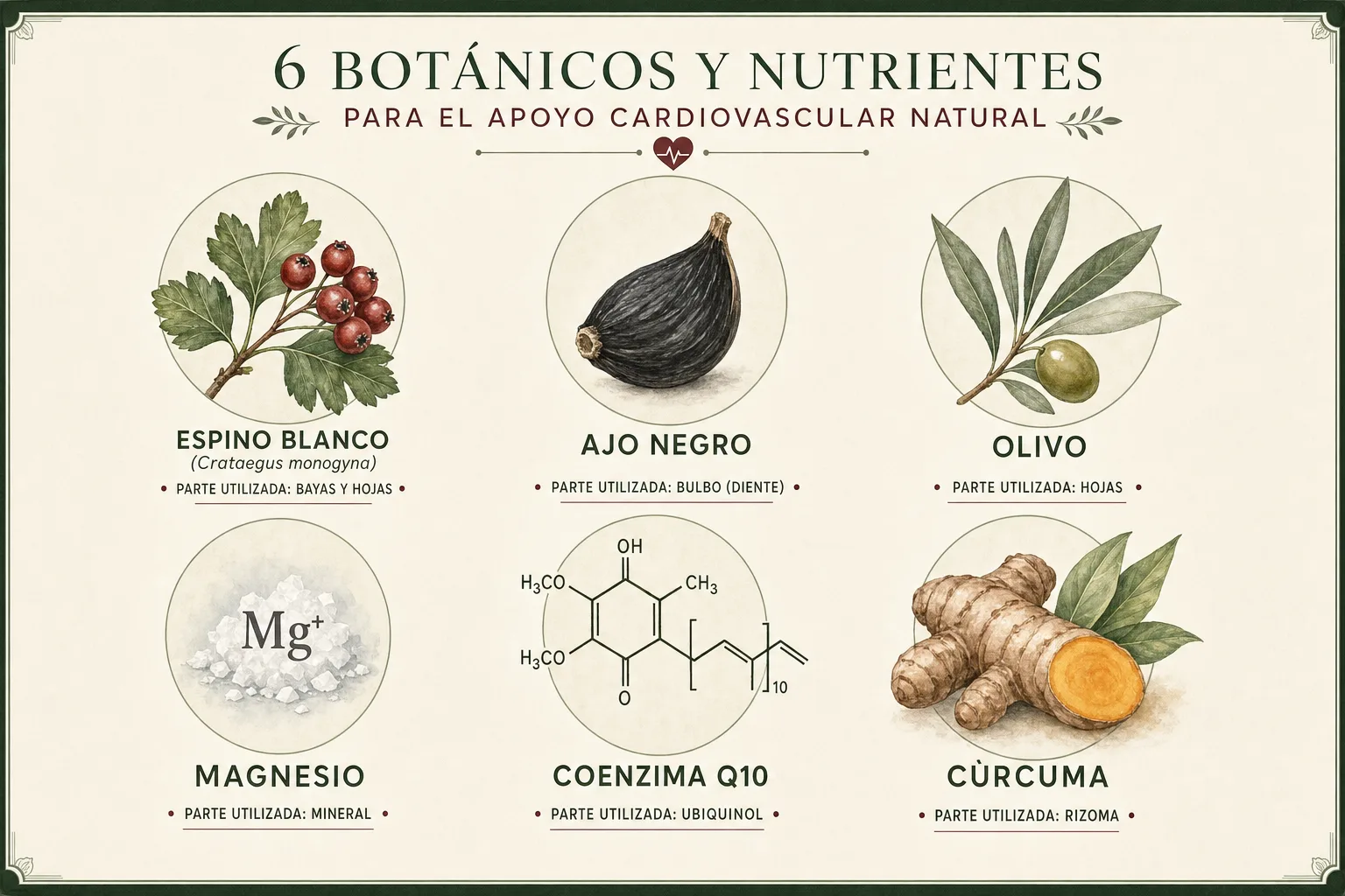 Seis cofactores cardiovasculares de Tensiplus mostrados como ilustraciones botánicas: espino blanco, ajo, olivo, magnesio, coenzima Q10 y cúrcuma