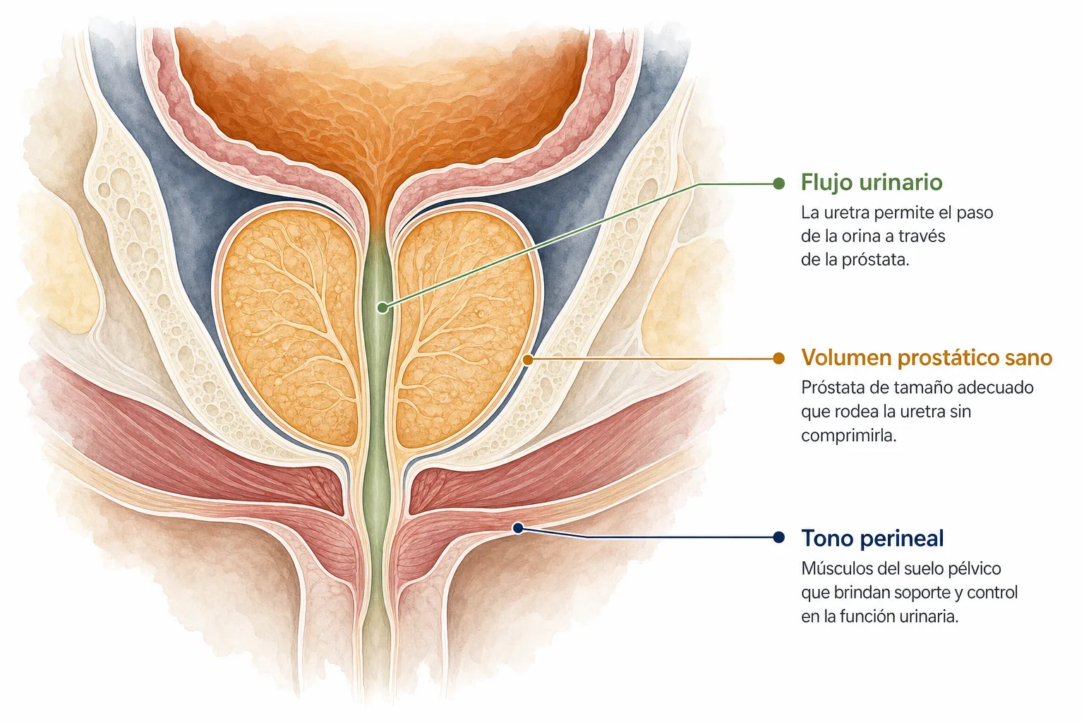 Diagrama anatómico de la próstata masculina mostrando los tres frentes del apoyo nutricional: flujo urinario, volumen prostático sano y tono perineal