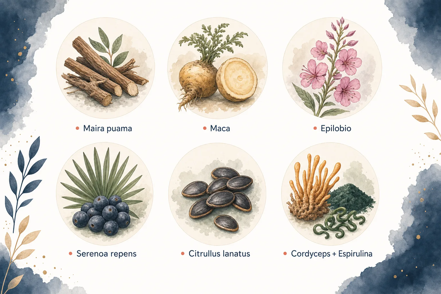 Los 6 botánicos de Uro UP Forte: maira puama, maca, epilobio, saw palmetto, semilla de patilla y cordyceps con espirulina
