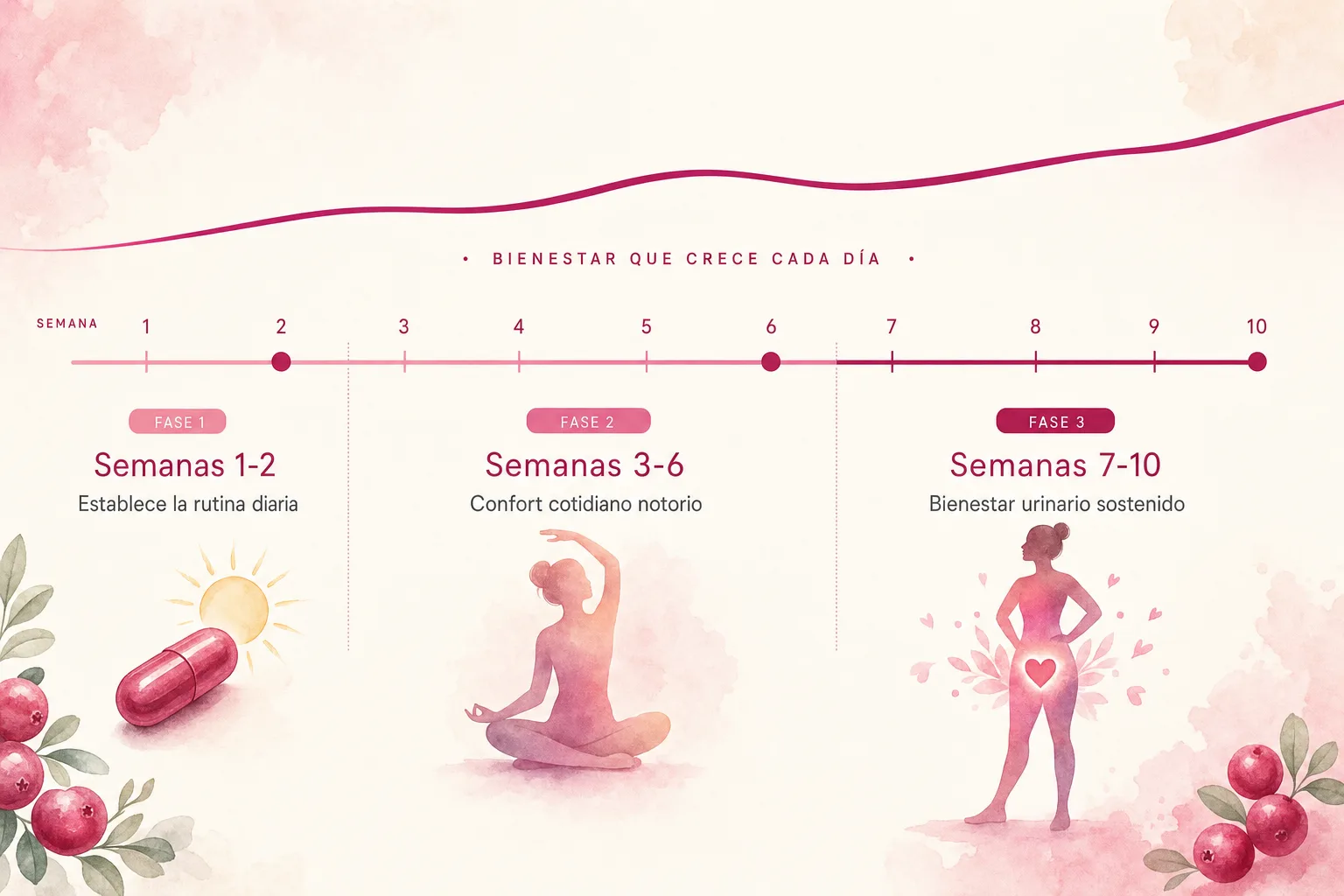 Línea de tiempo de 10 semanas con el ciclo de Uronix mostrando tres fases: establecer la rutina, confort cotidiano notorio y bienestar urinario sostenido
