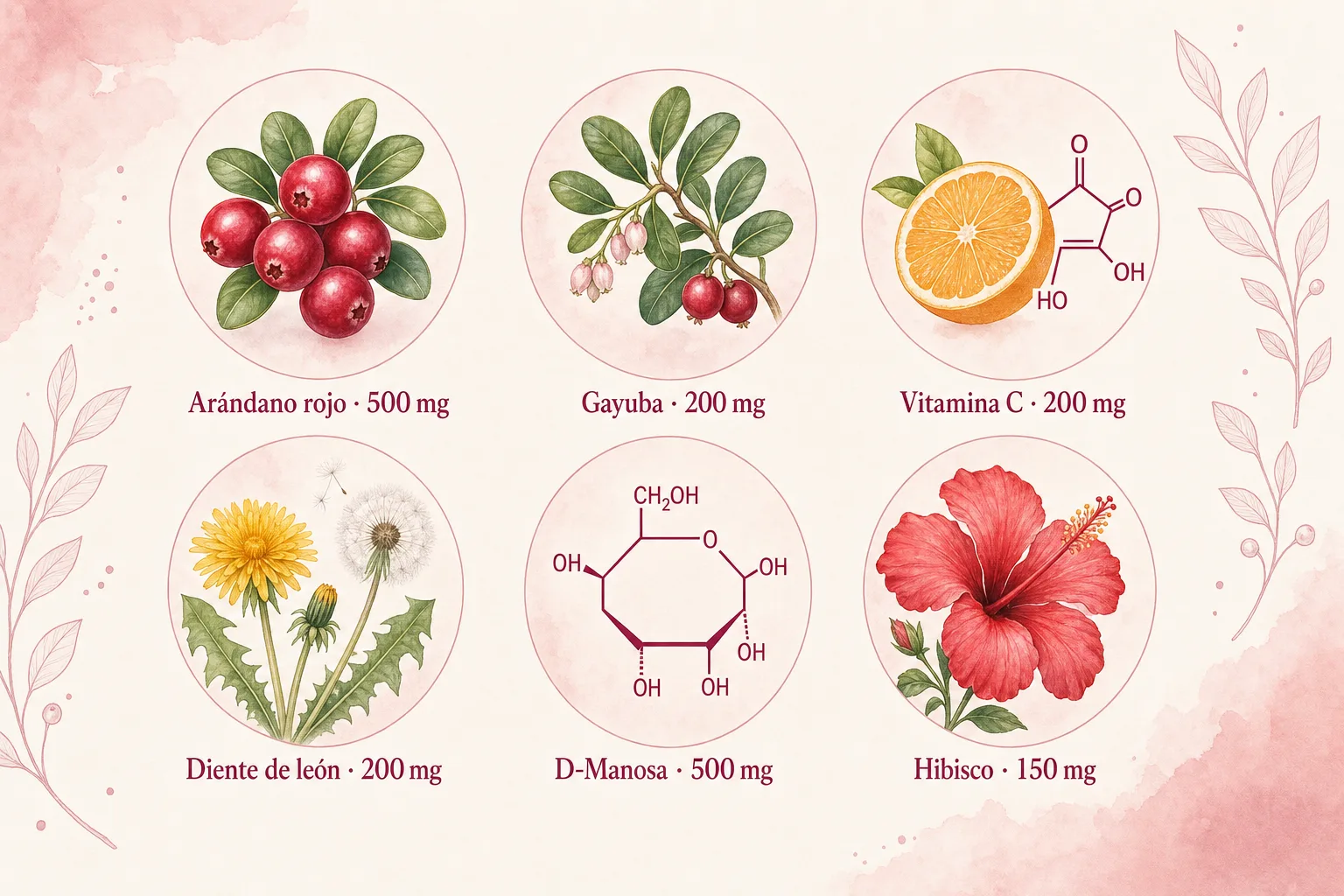 Los 6 cofactores naturales de Uronix: arándano rojo americano, gayuba, vitamina C, diente de león, D-manosa e hibisco