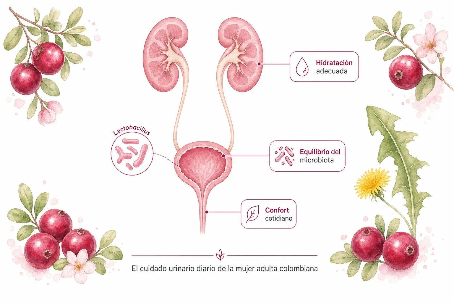 Diagrama anatómico del sistema urinario femenino mostrando los tres ejes del cuidado urinario diario: hidratación adecuada, equilibrio del microbiota y confort cotidiano