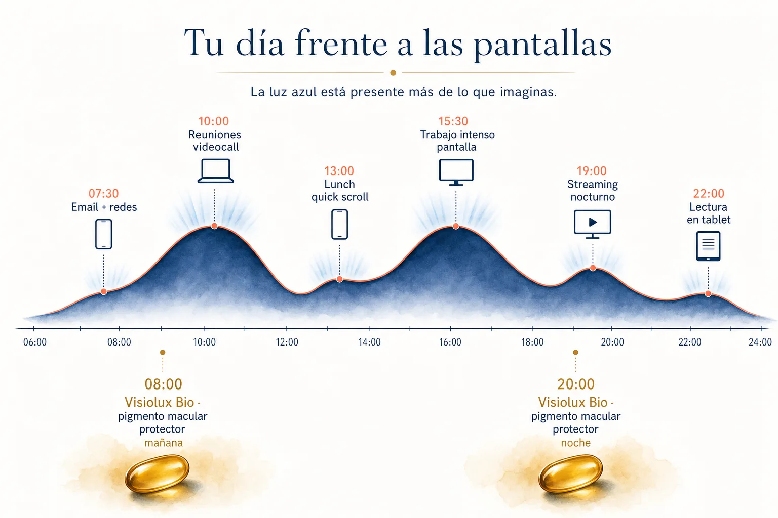 Día típico de exposición a pantallas del adulto colombiano con 6 momentos identificados y las 2 tomas de VISIOLUX BIO