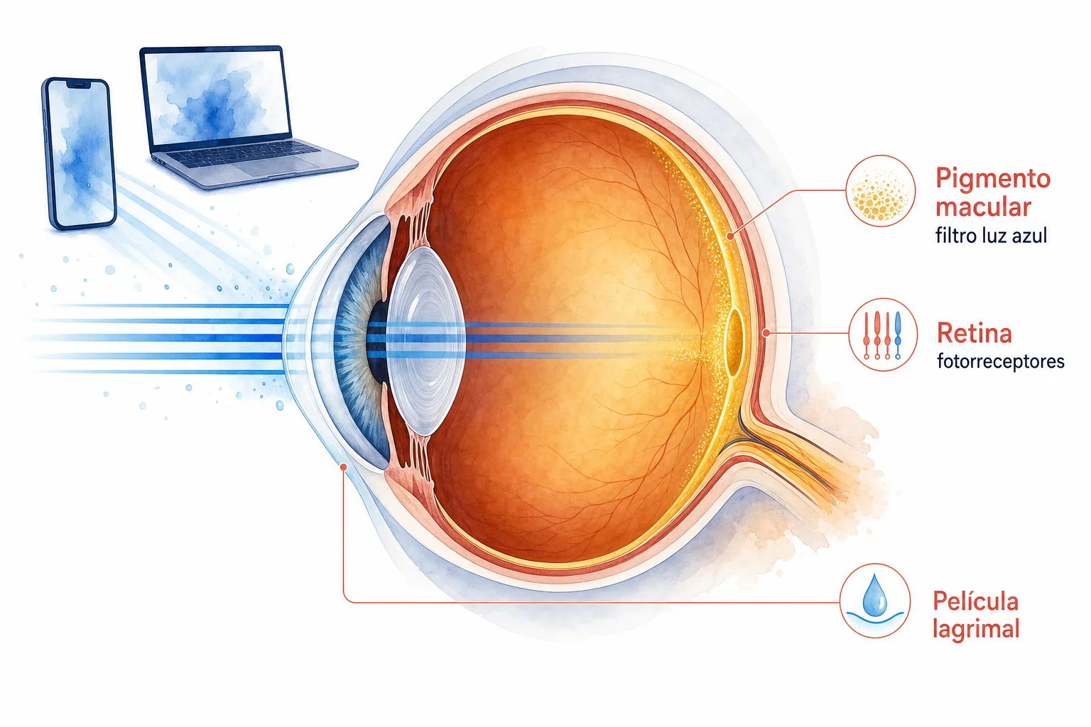 Diagrama del ojo humano mostrando el pigmento macular que filtra la luz azul de pantallas antes de que llegue a los fotorreceptores de la retina
