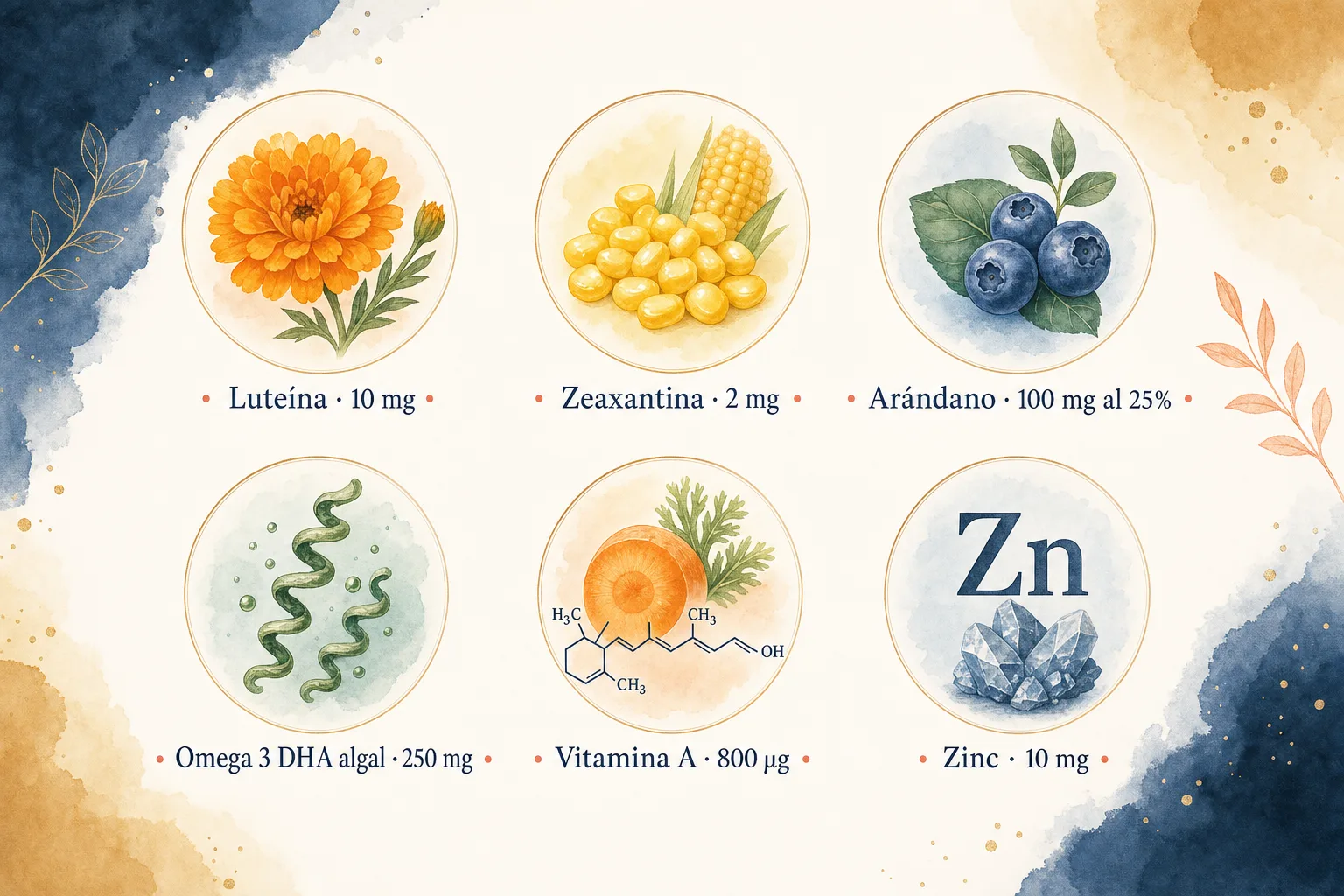 Los 6 cofactores oculares de VISIOLUX BIO: luteína, zeaxantina, extracto de arándano, omega 3 DHA algal, vitamina A y zinc
